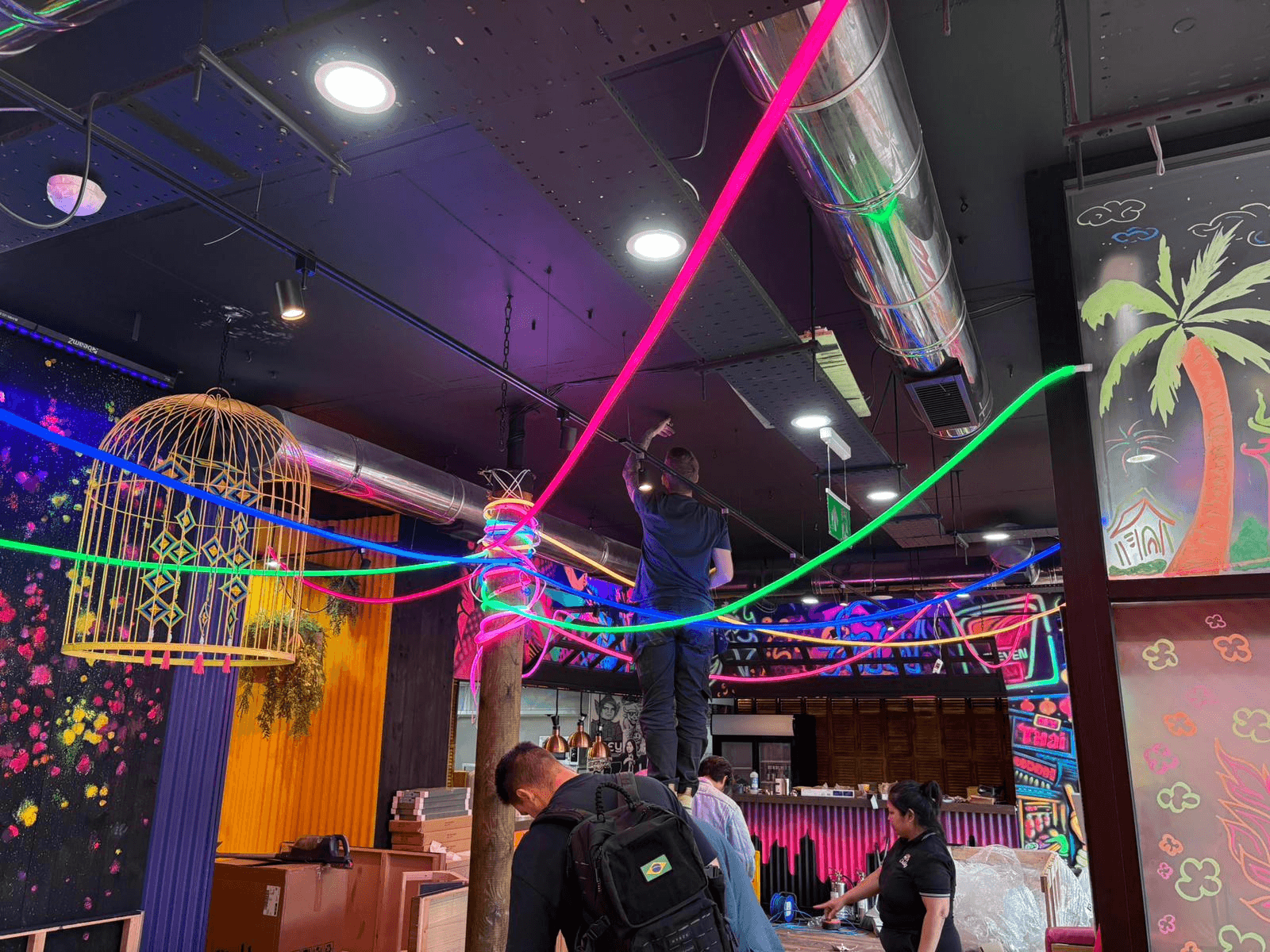 Commercial bar installation with colourful neon tube lighting suspended from ceiling