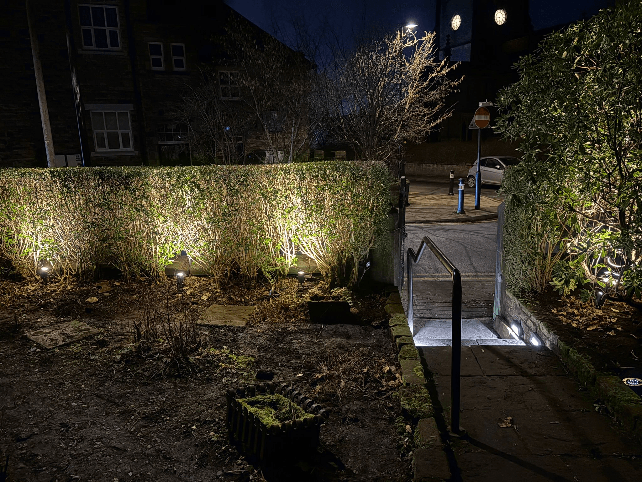 Garden pathway and hedge lighting at night